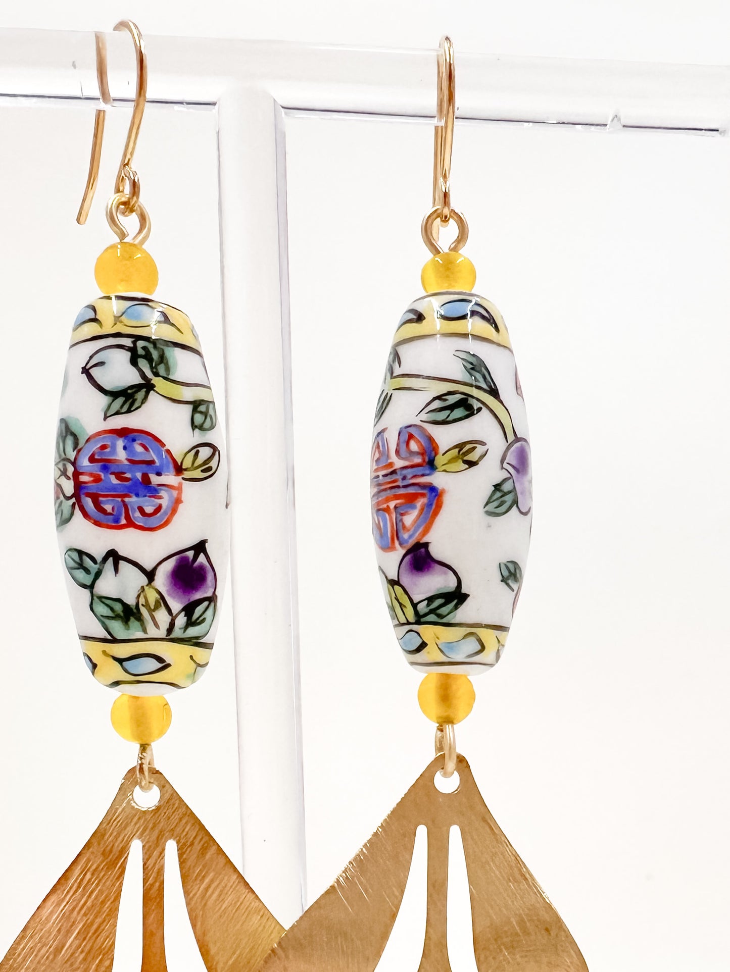 Vintage Porcelain Hand Painted Leafy and Geometric Bead Earrings with Brushed Brass Leaves