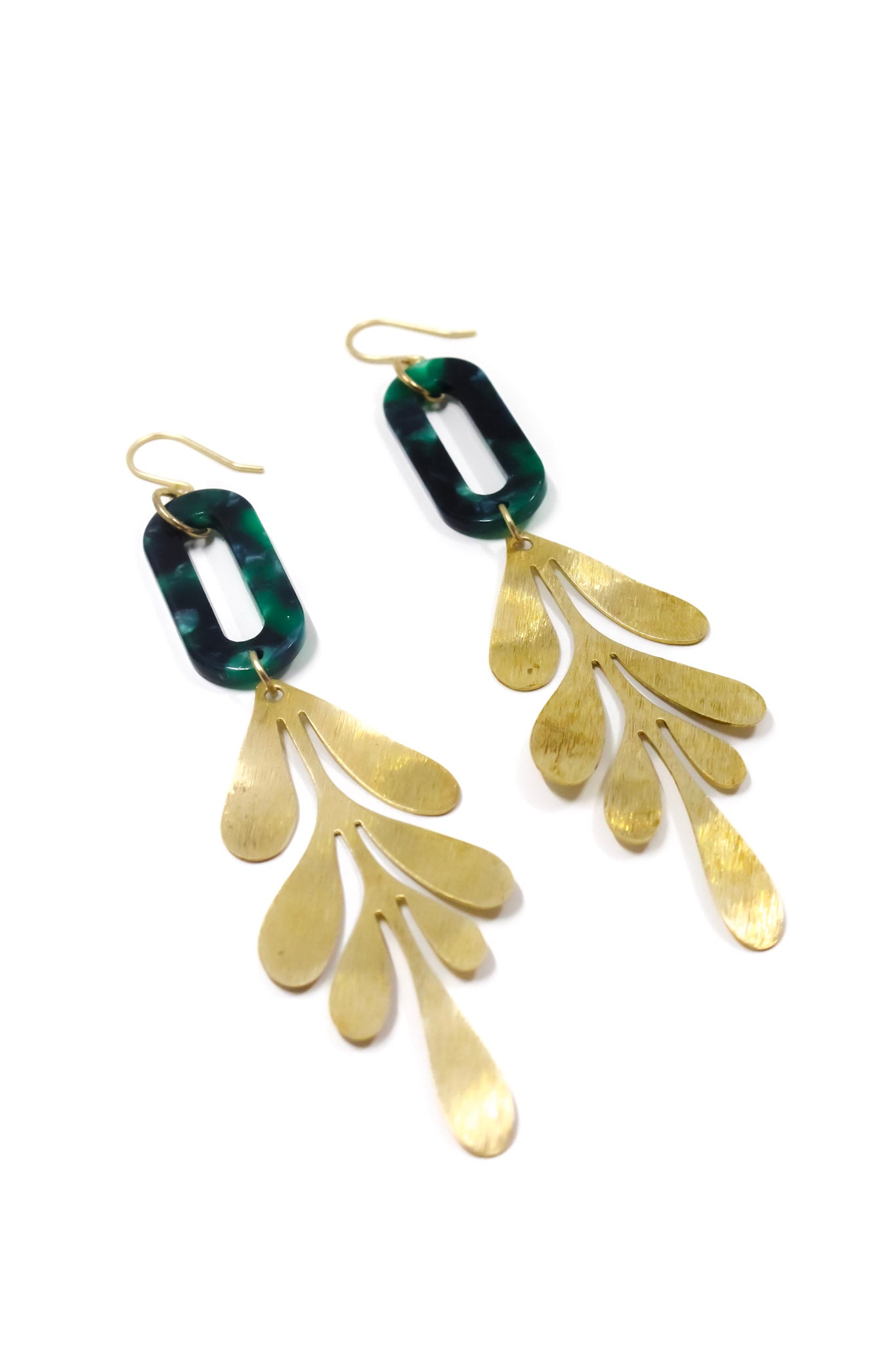 Emerald Tortoise and Brass Leaf Earrings