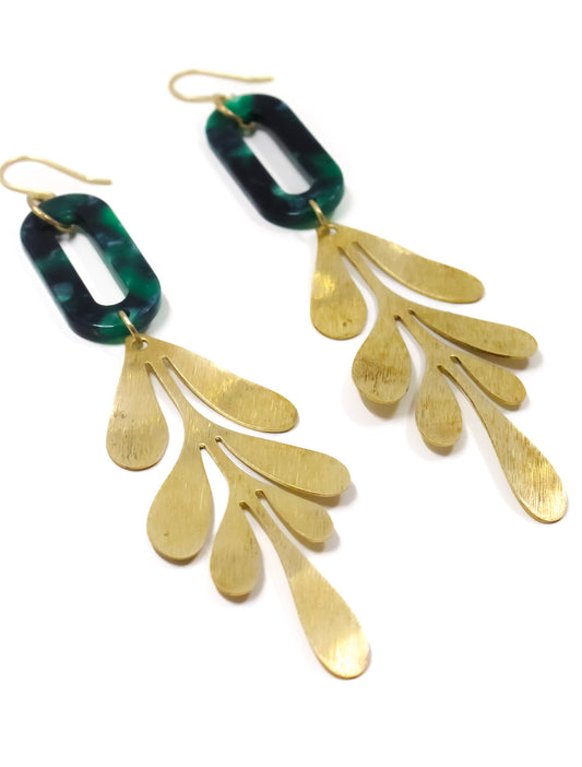 Emerald Tortoise and Brass Leaf Earrings