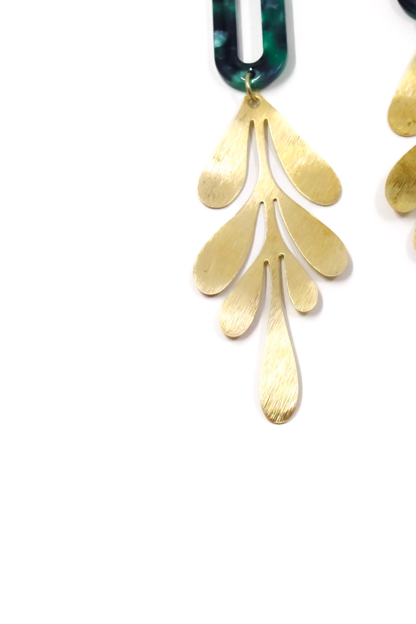 Emerald Tortoise and Brass Leaf Earrings