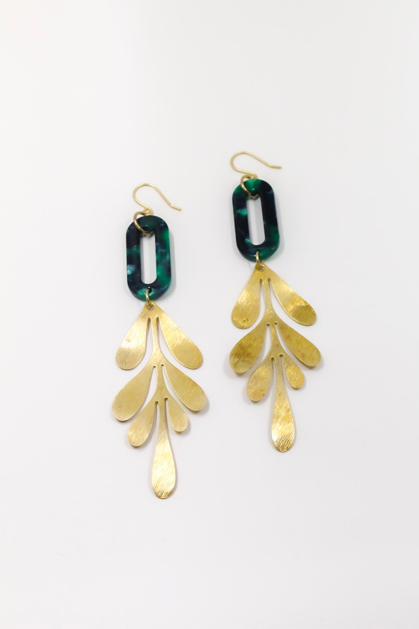 Emerald Tortoise and Brass Leaf Earrings