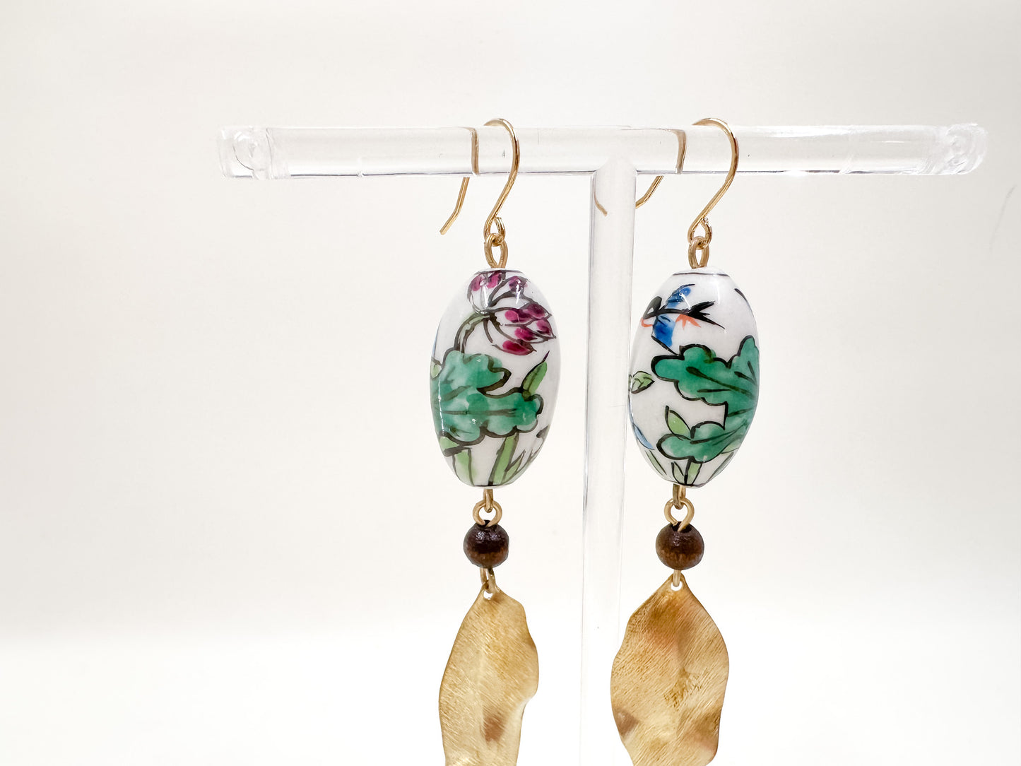 Vintage Porcelain Hand Painted Floral Bead Earrings with Brushed Brass Leaves