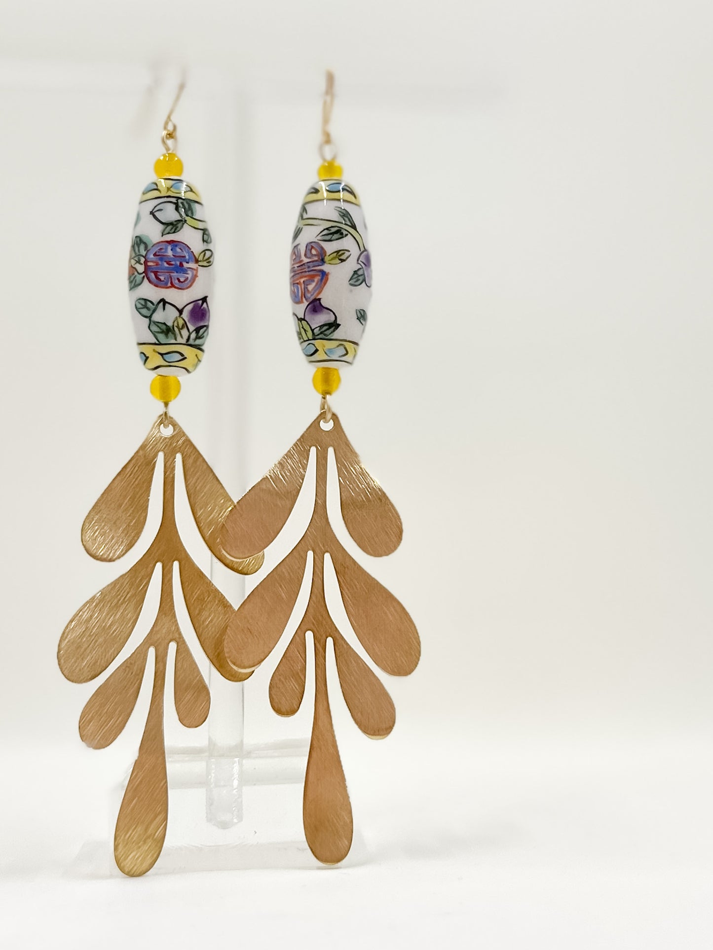 Vintage Porcelain Hand Painted Leafy and Geometric Bead Earrings with Brushed Brass Leaves