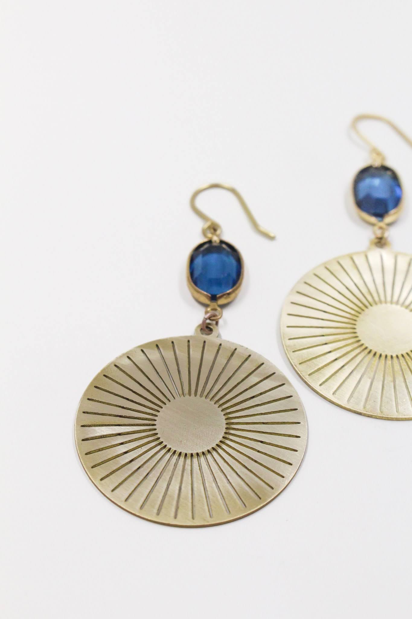 Brass Sun Medallion Earrings in Cobalt Blue