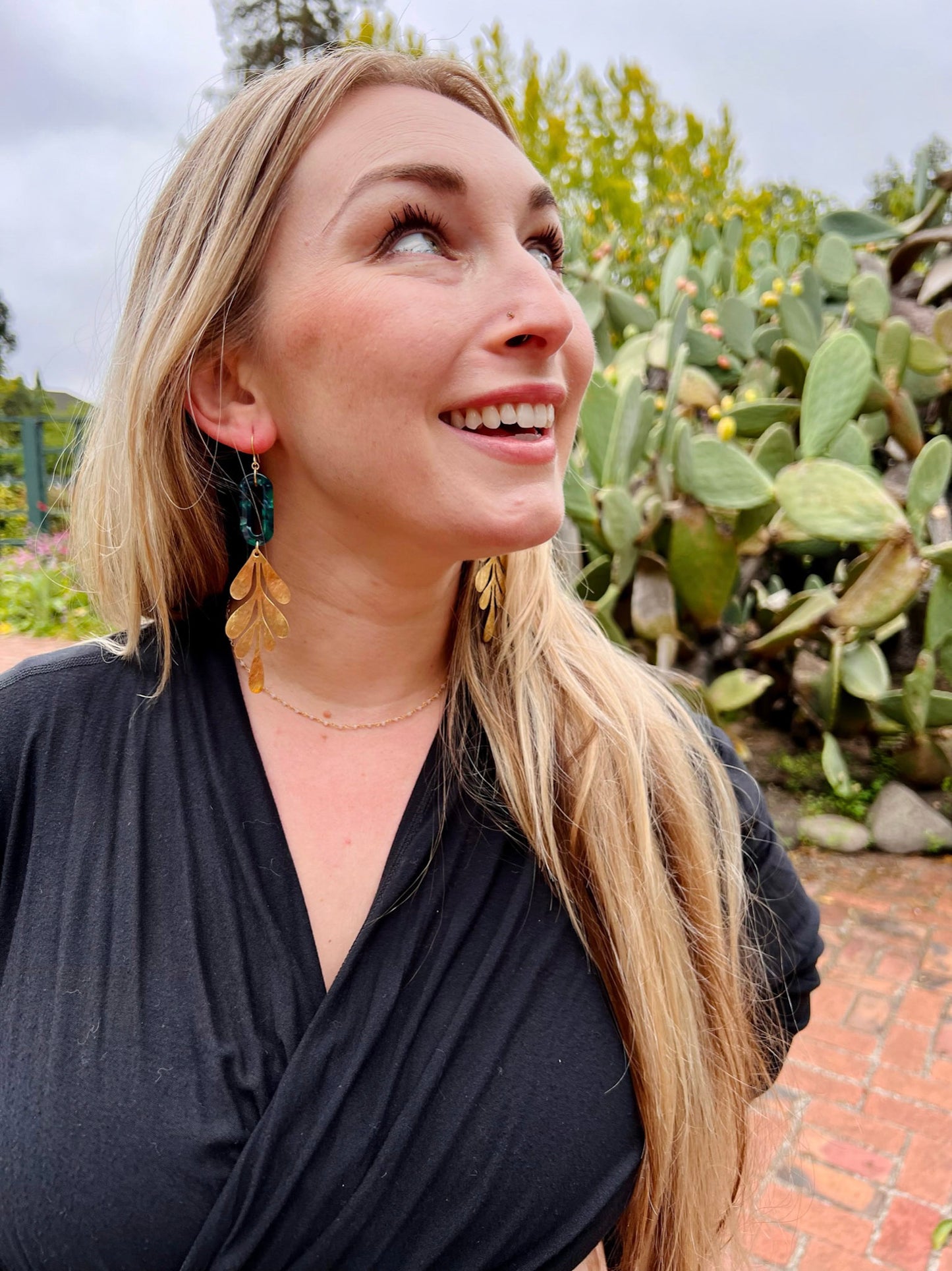 Emerald Tortoise and Brass Leaf Earrings