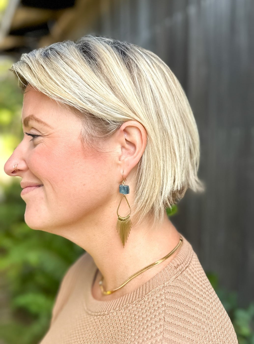 Raw Kyanite and Brass Fringe Hoops