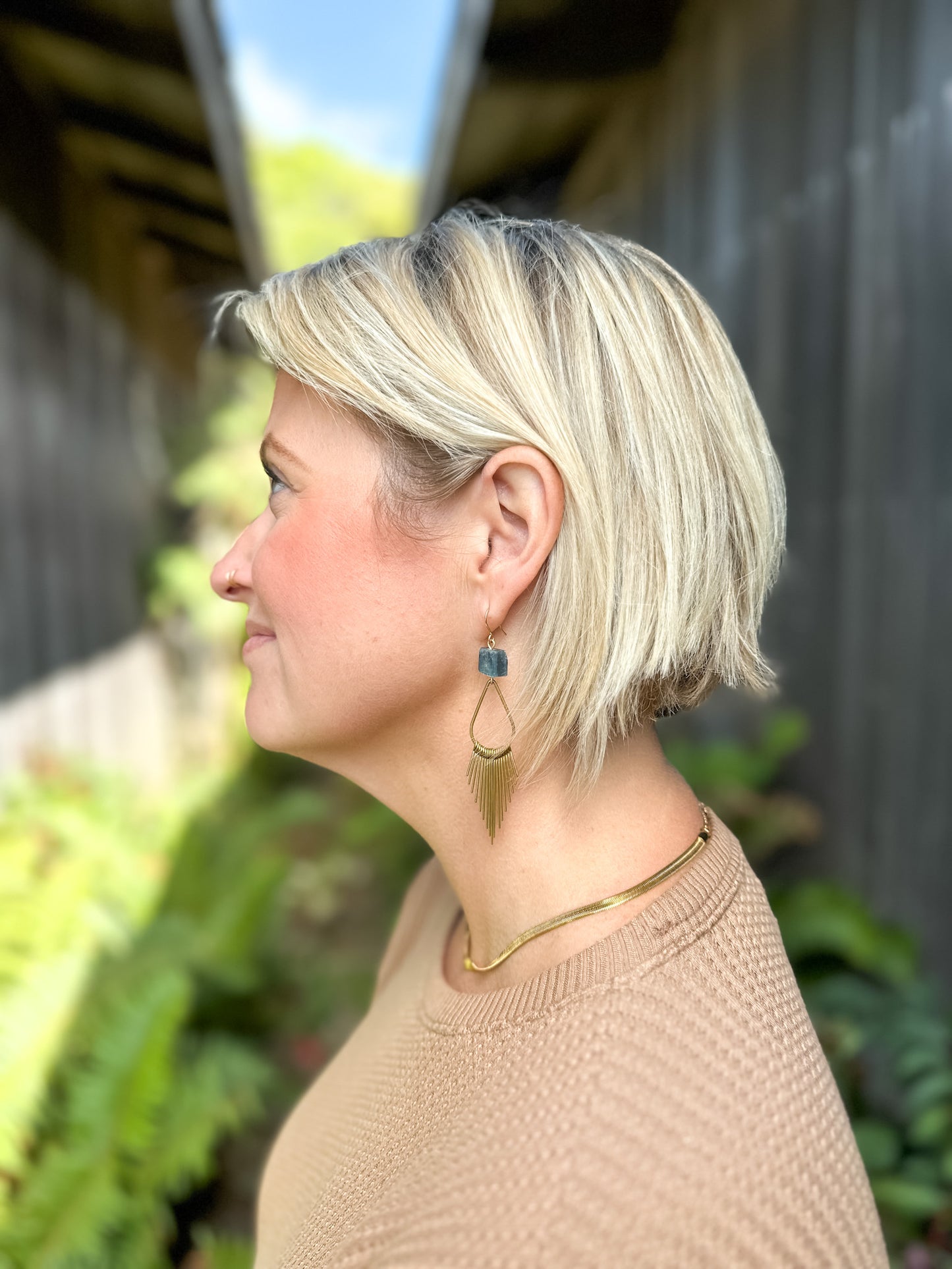 Raw Kyanite and Brass Fringe Hoops