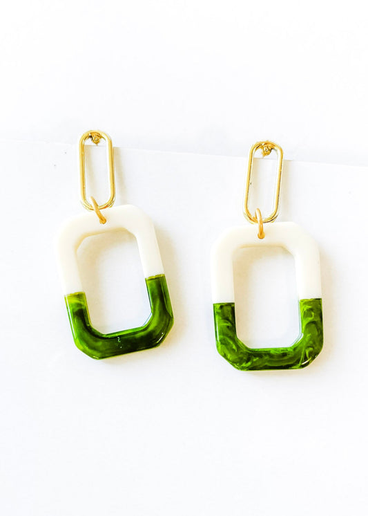 Two-Tone Double Rectangle Earrings in Green and Cream