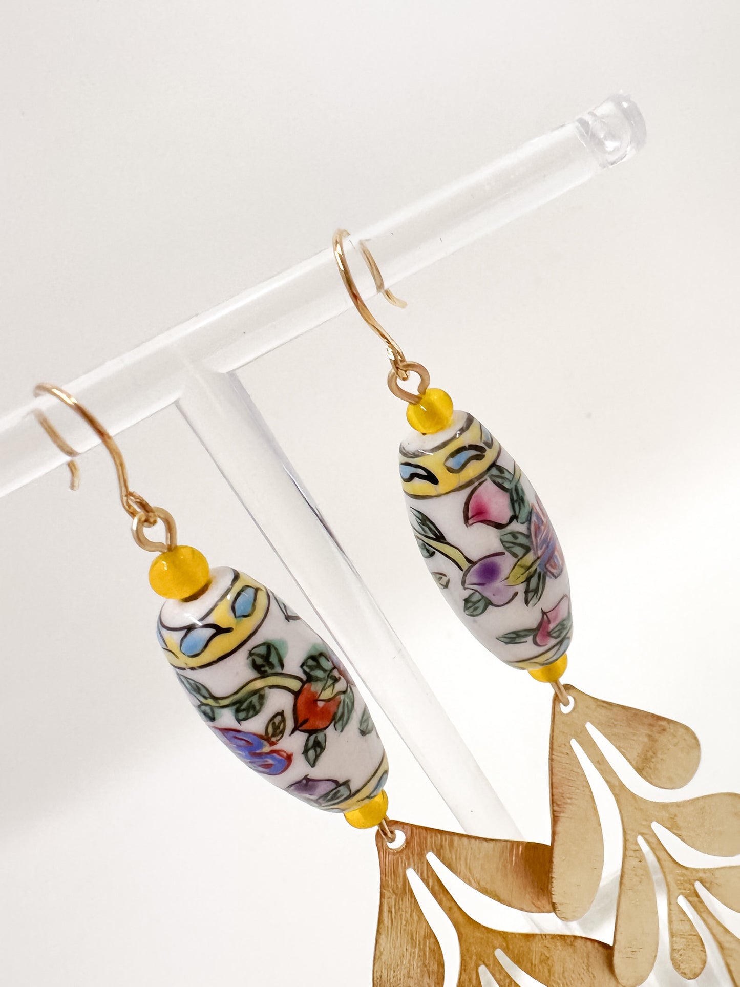 Vintage Porcelain Hand Painted Leafy and Geometric Bead Earrings with Brushed Brass Leaves