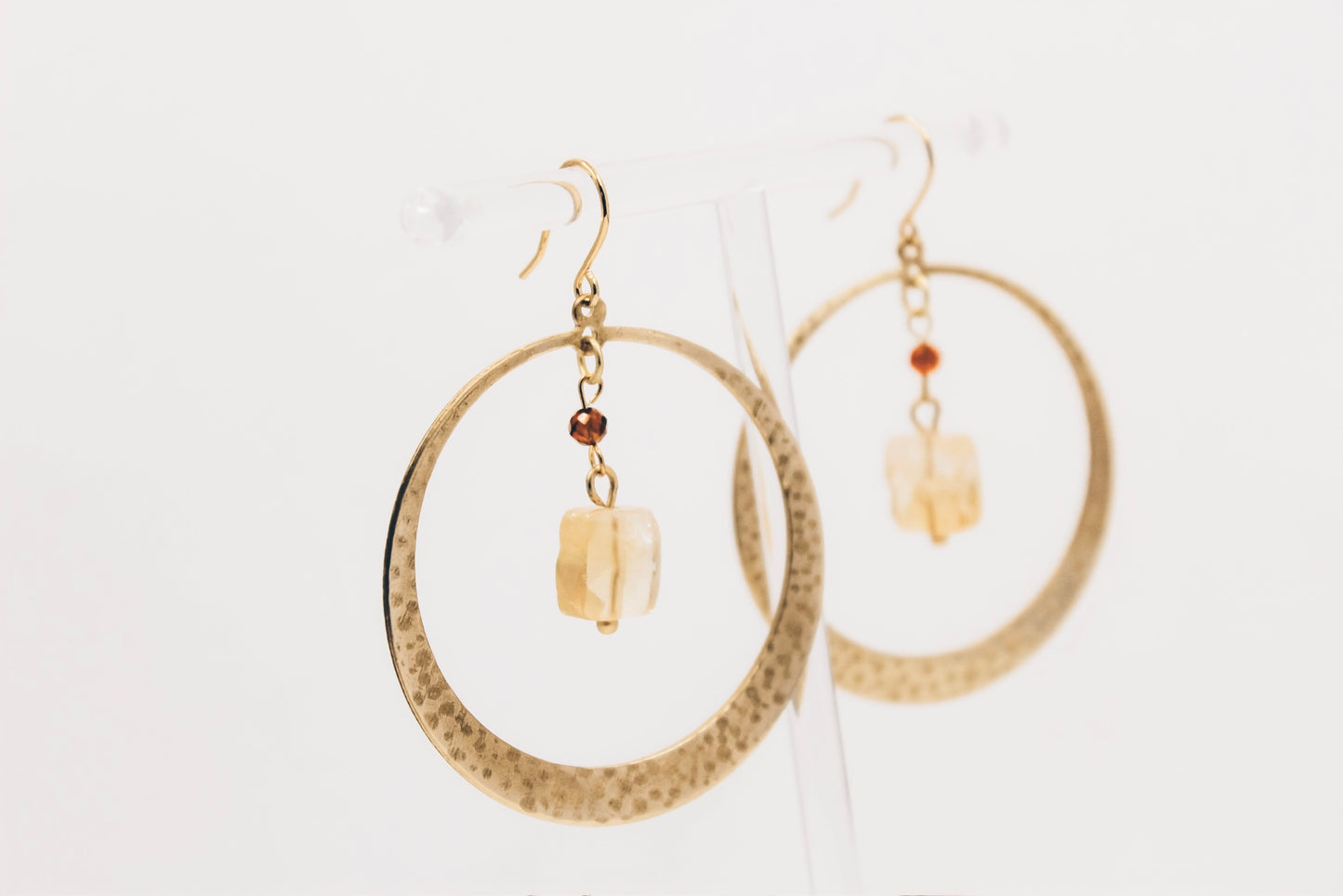 Faceted Pale Citrine + Hammered Brass Hoops