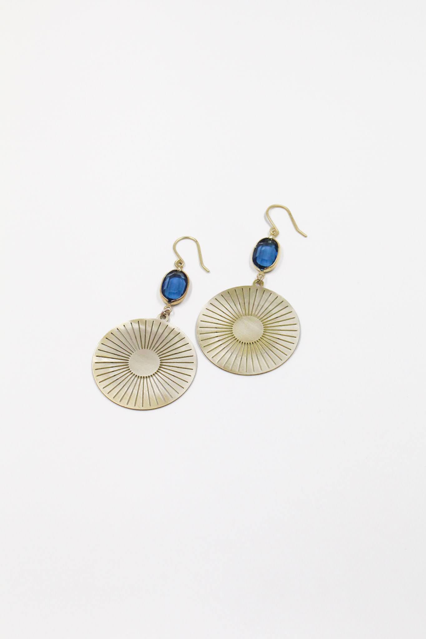 Brass Sun Medallion Earrings in Cobalt Blue