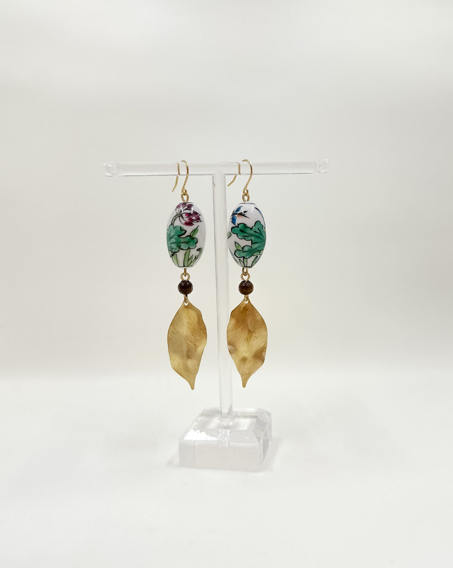 Vintage Porcelain Hand Painted Floral Bead Earrings with Brushed Brass Leaves