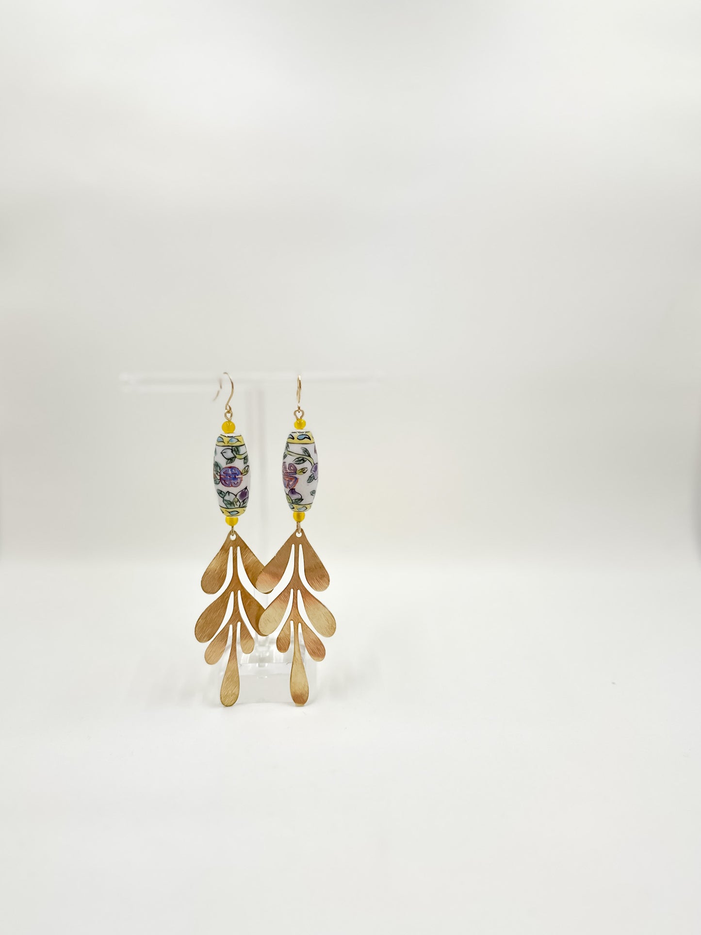 Vintage Porcelain Hand Painted Leafy and Geometric Bead Earrings with Brushed Brass Leaves