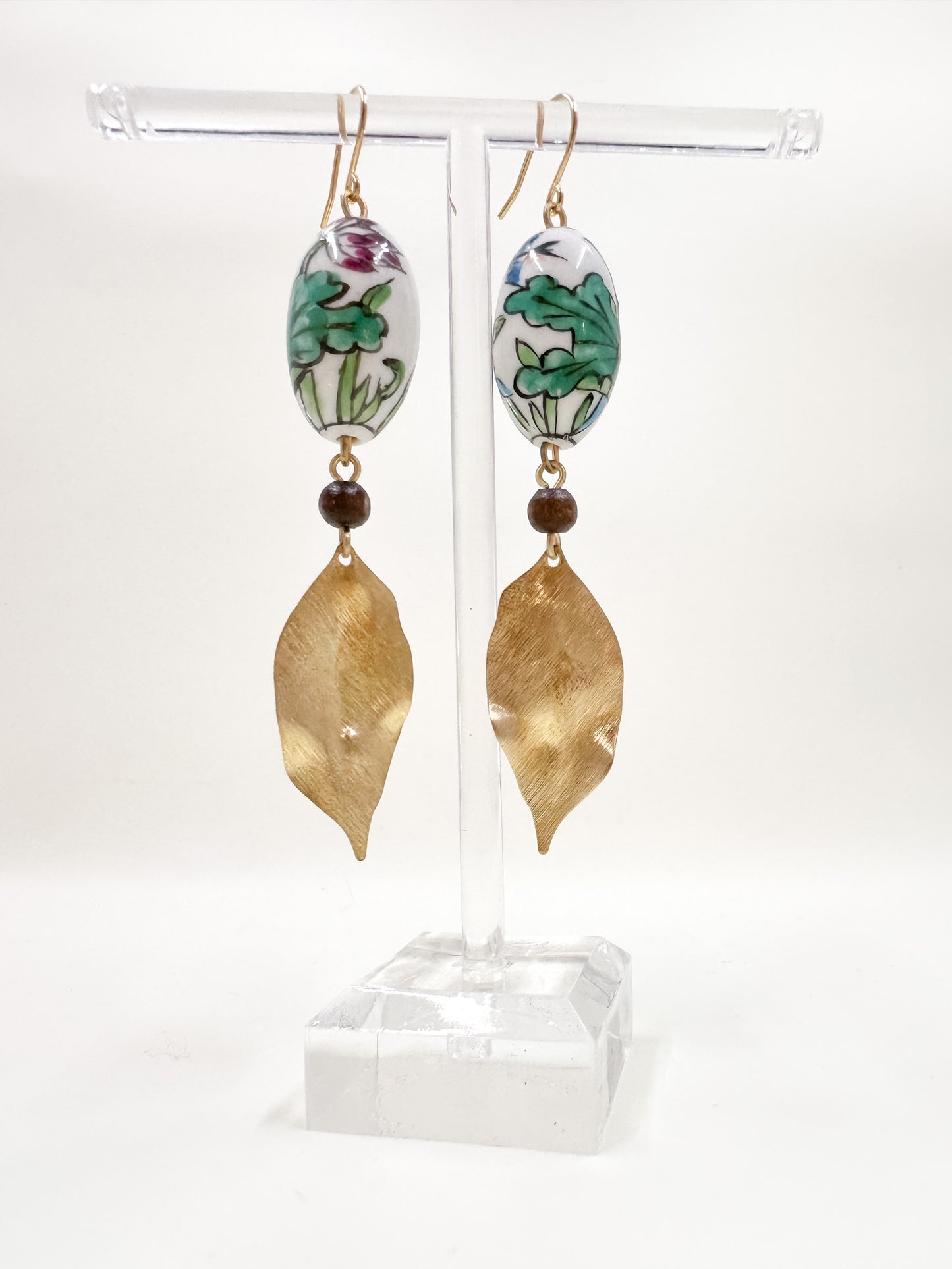 Vintage Porcelain Hand Painted Floral Bead Earrings with Brushed Brass Leaves