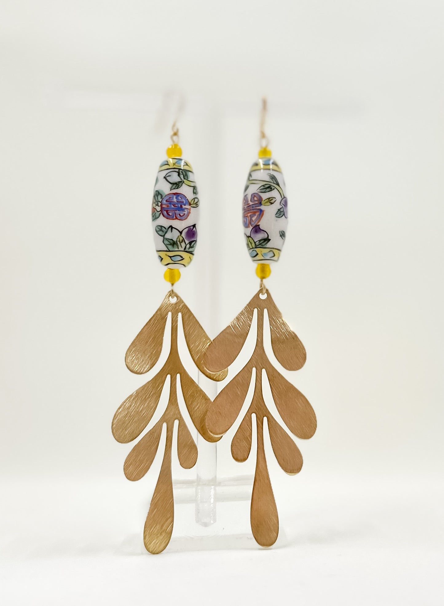 Vintage Porcelain Hand Painted Leafy and Geometric Bead Earrings with Brushed Brass Leaves