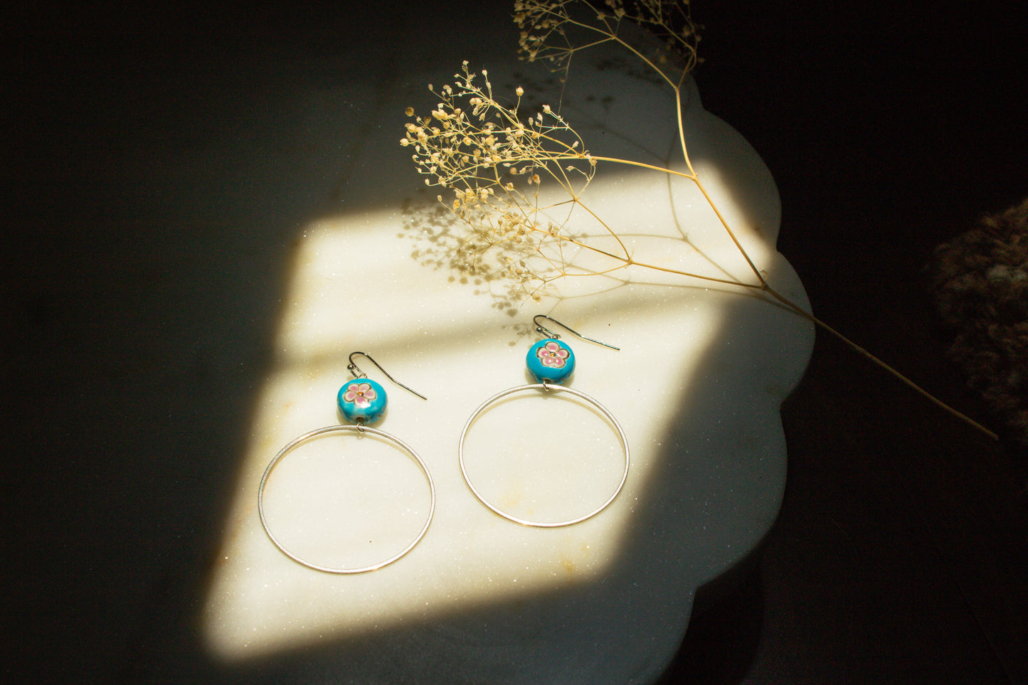 Blue Floral Porcelain Bead with Silver Hoop