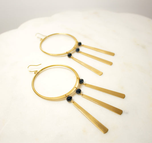 Brass Hoop Earrings with Fringe and Faceted Lapis Beads