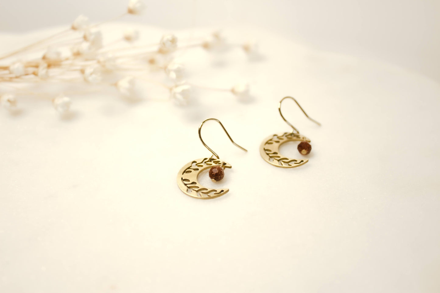 Dainty Brass Floral Moon Earrings with Sandstone Beads