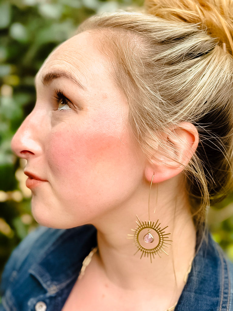 Brass Sunburst Earrings in Lilac