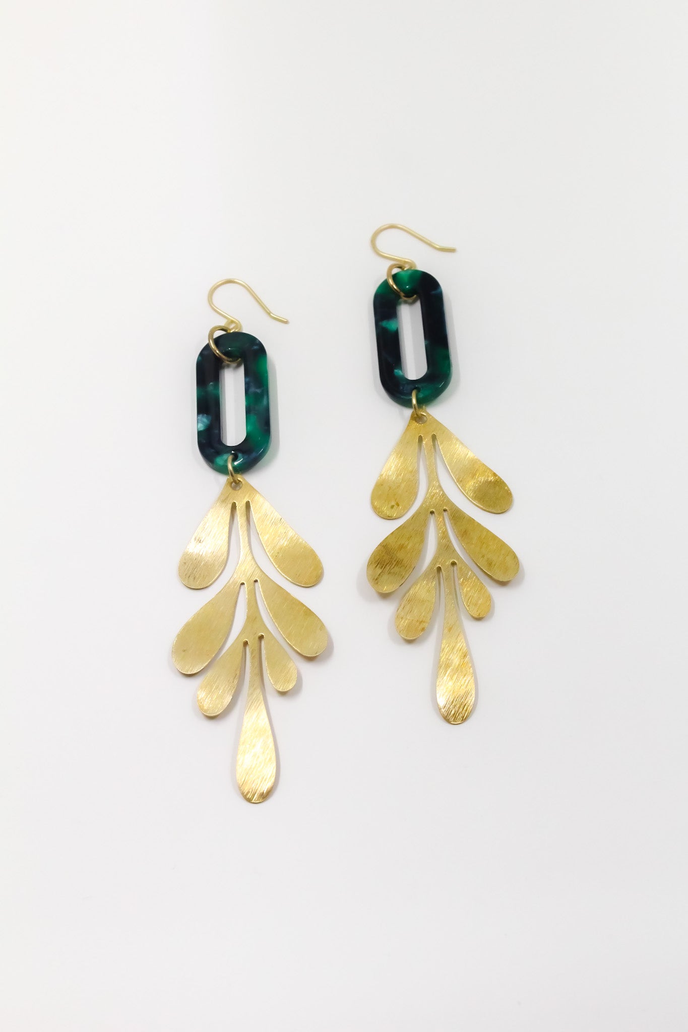 Emerald Tortoise and Brass Leaf Earrings