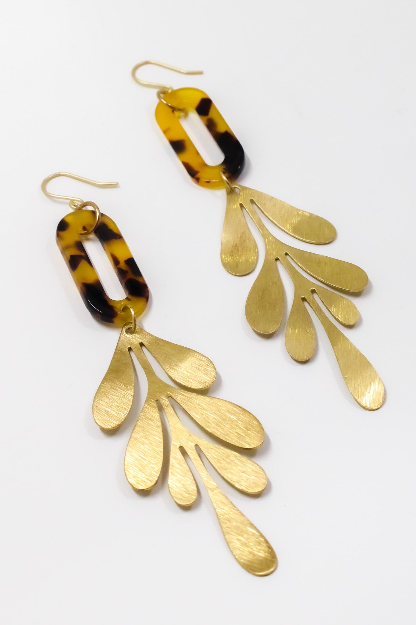 Brown Tortoise and Brass Leaf Earrings