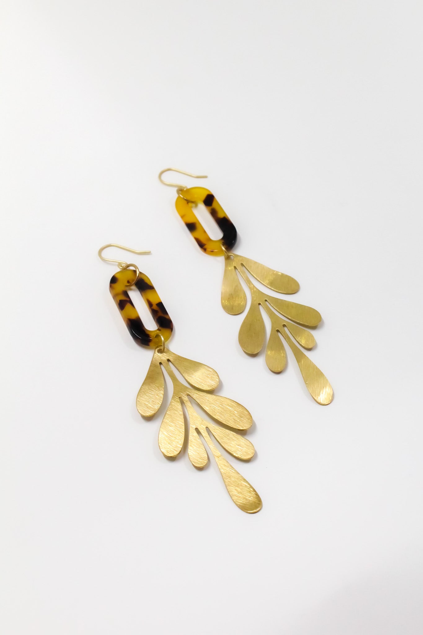 Brown Tortoise and Brass Leaf Earrings