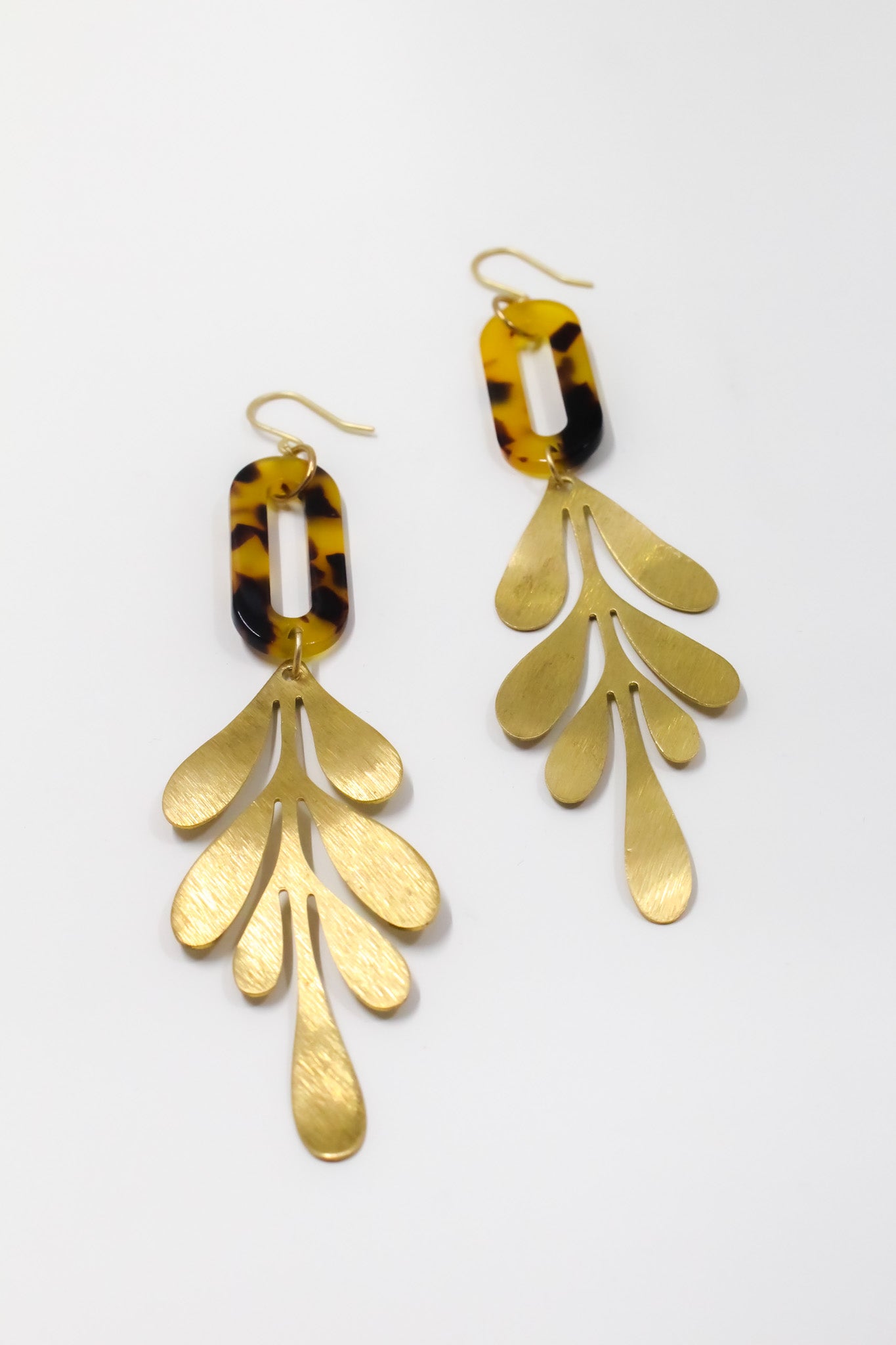 Brown Tortoise and Brass Leaf Earrings