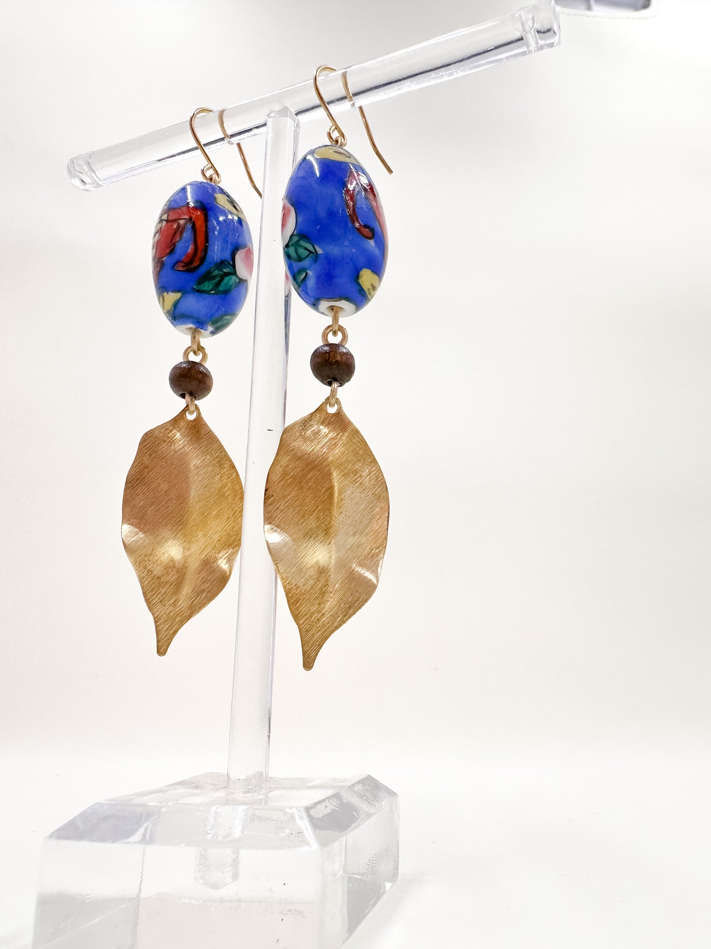 Vintage Porcelain Hand Painted Bead Earrings with Dragons and Brushed Brass Leaves