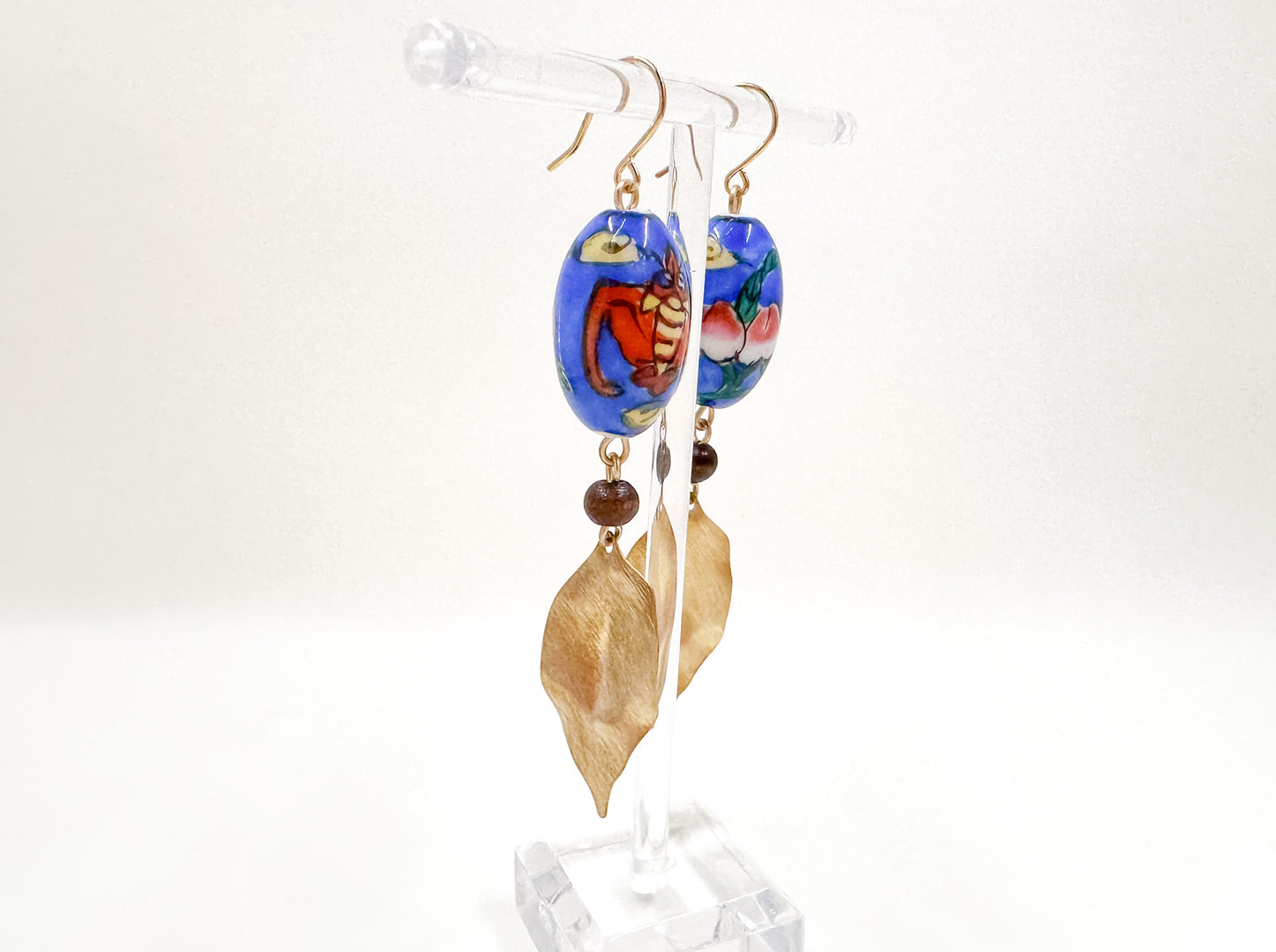 Vintage Porcelain Hand Painted Bead Earrings with Dragons and Brushed Brass Leaves