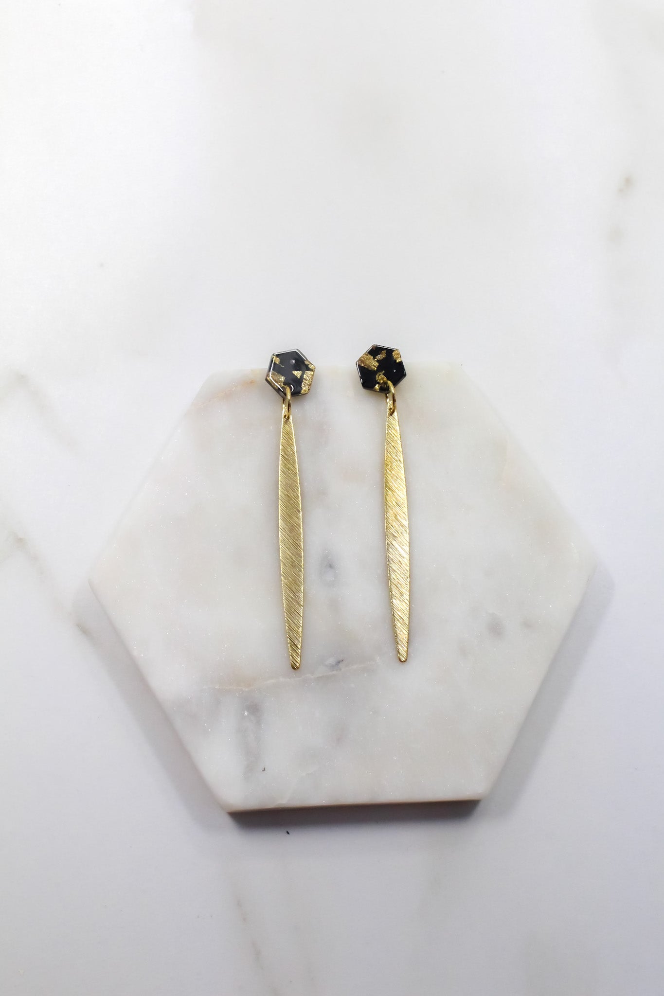 Black and Gold Confetti Hex Earrings