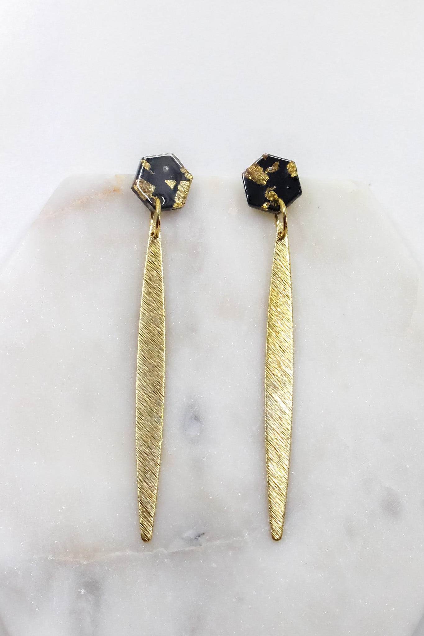 Black and Gold Confetti Hex Earrings