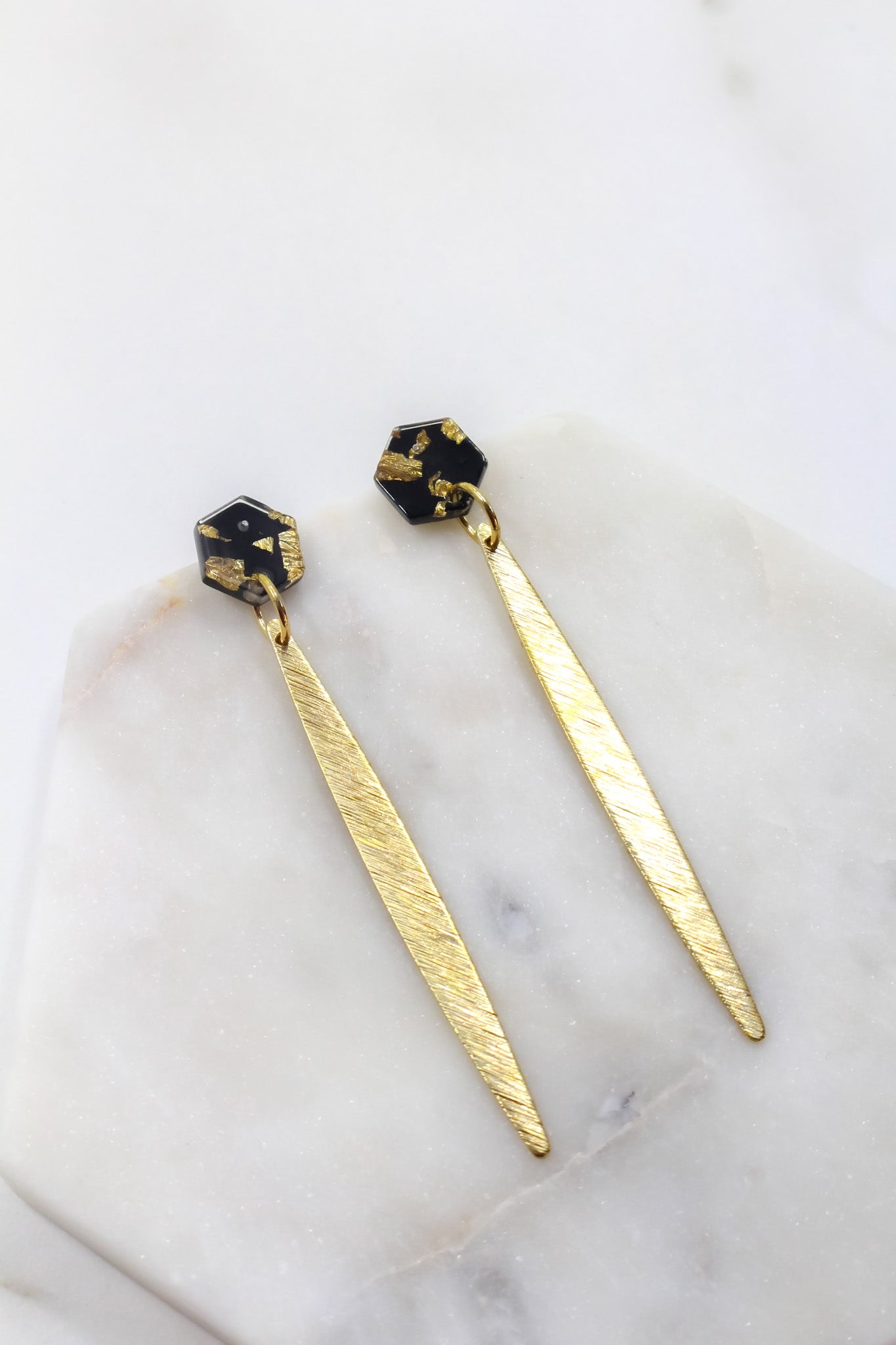 Black and Gold Confetti Hex Earrings