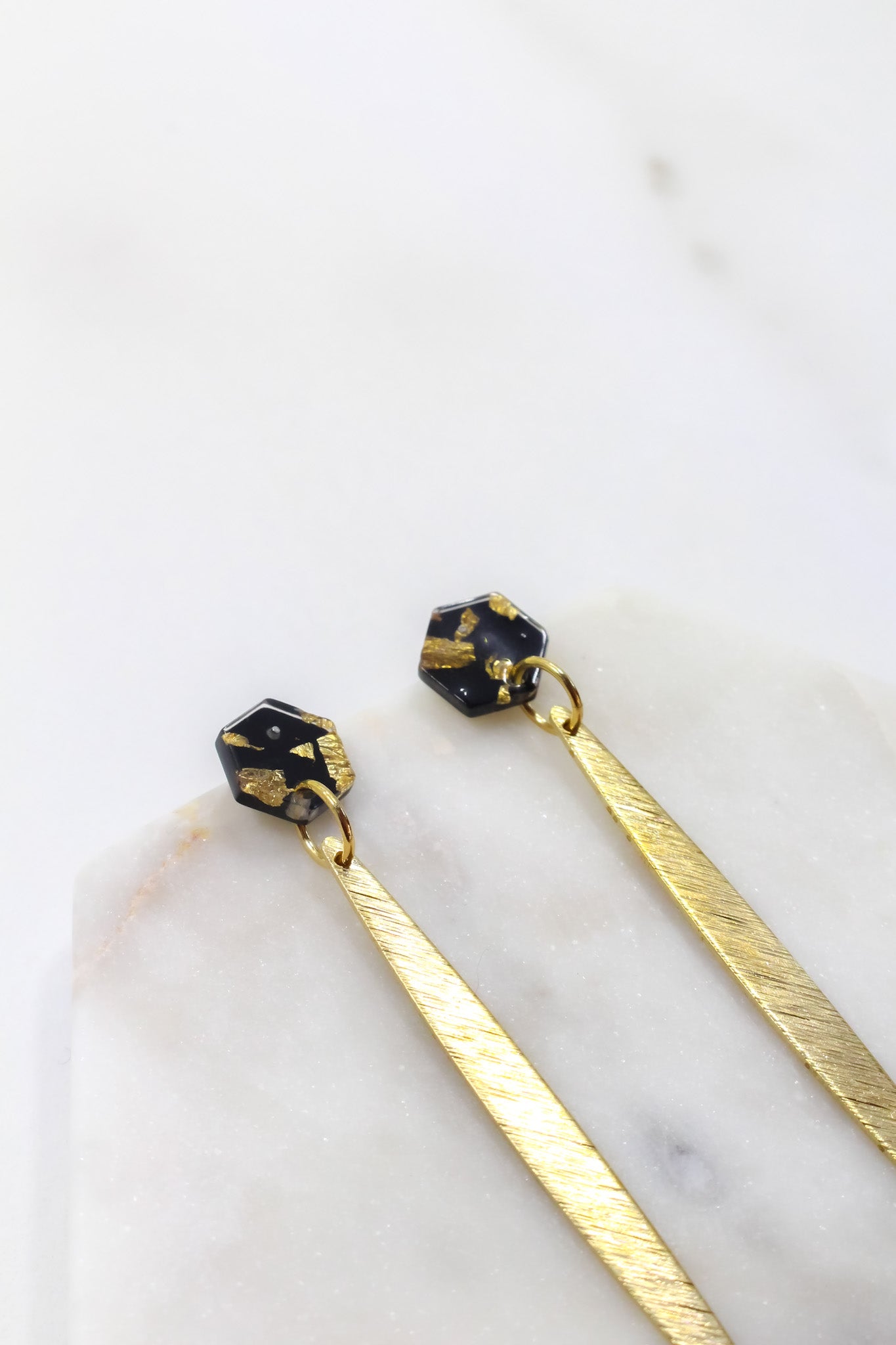 Black and Gold Confetti Hex Earrings