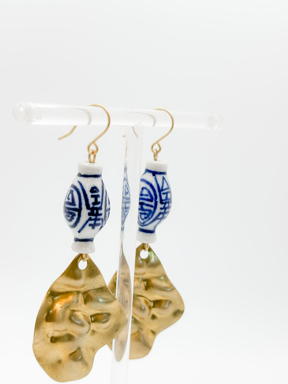 Bubble Hammered & Blue Painted Ceramic Bead Earrings