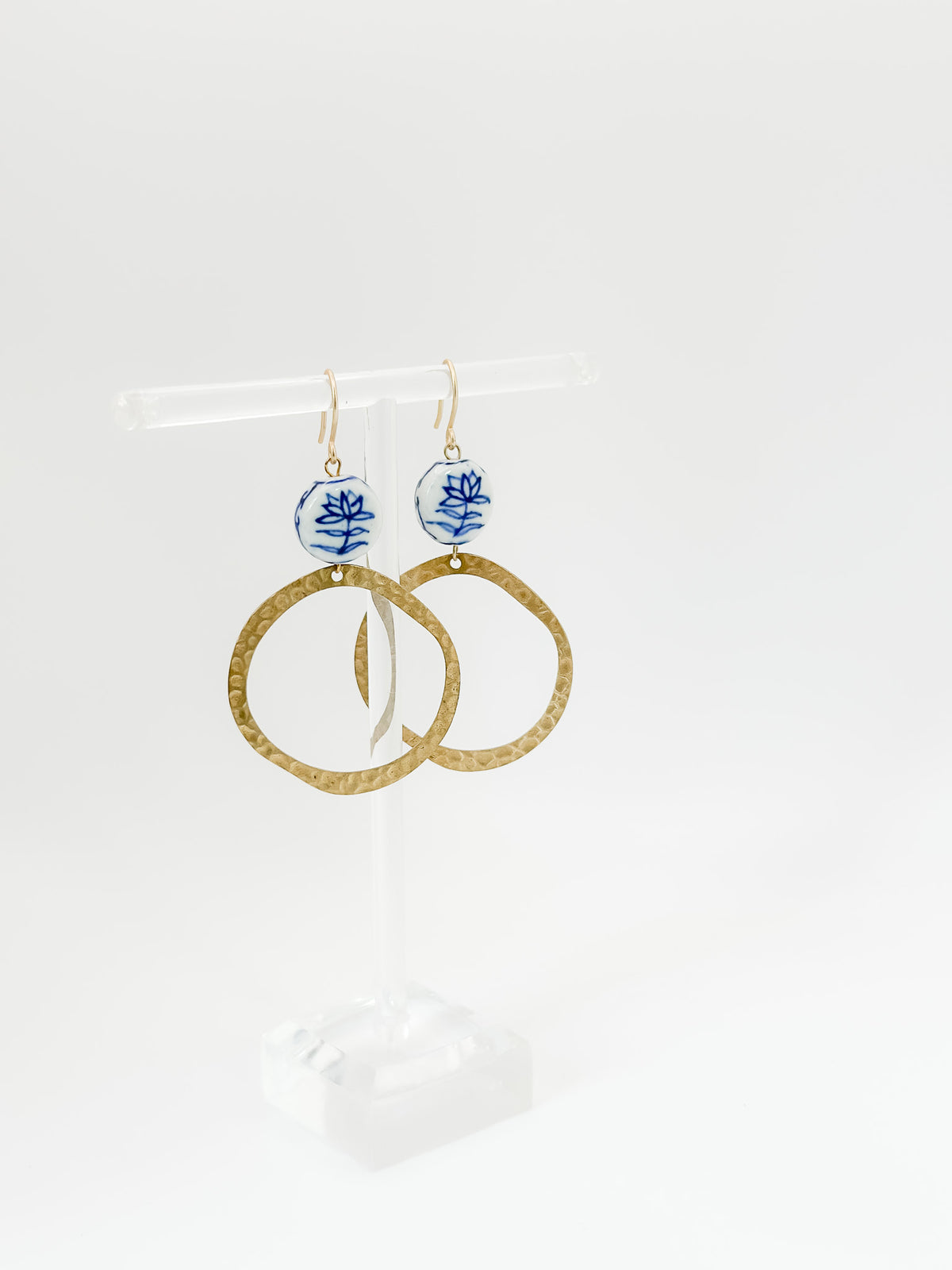 Blue Floral & Hammered Brass Hoops