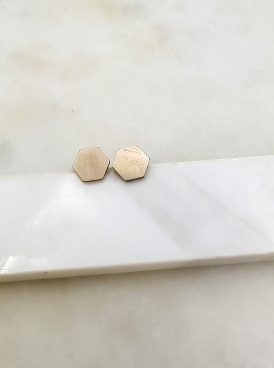 Raw Brass Hex Stud Earrings