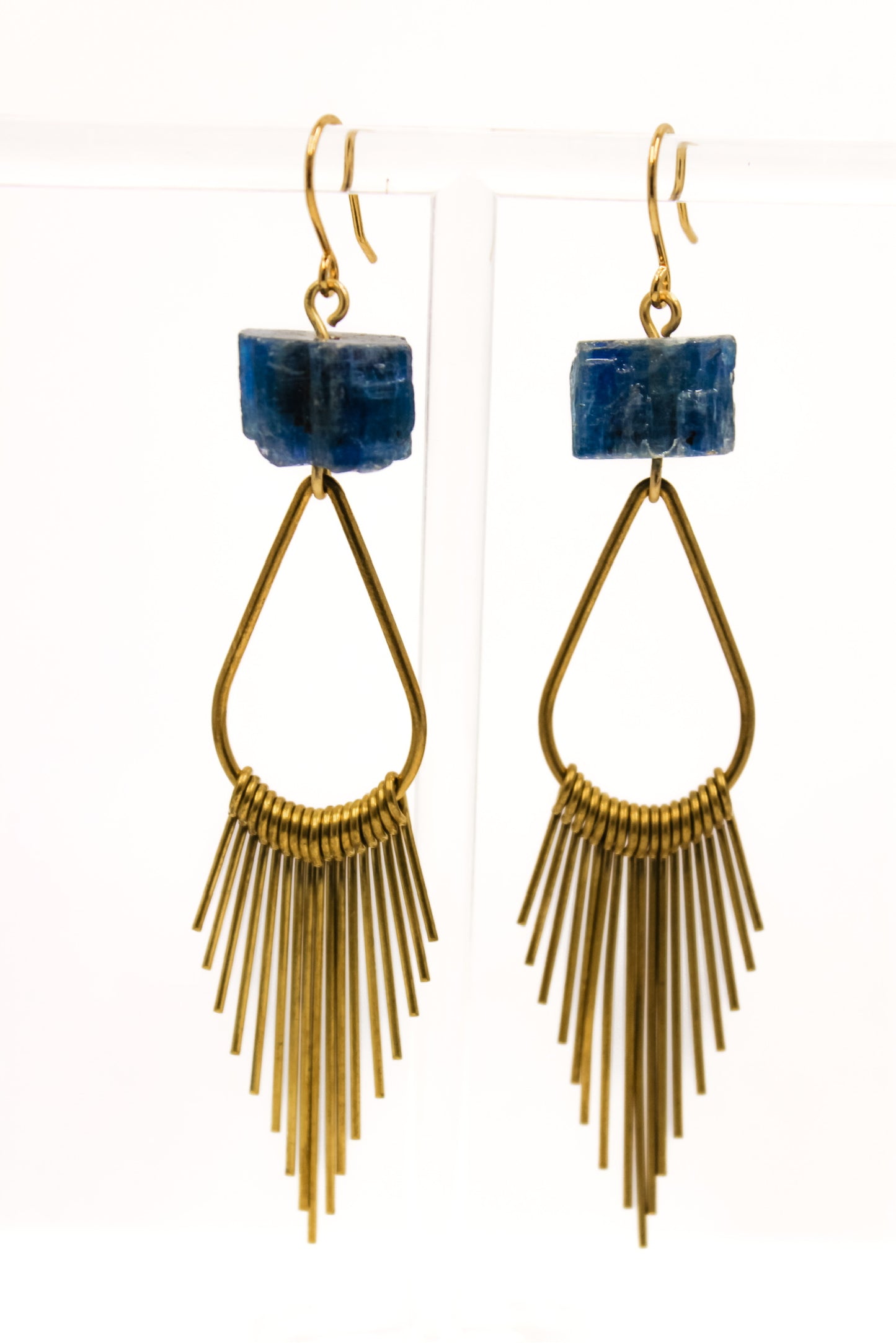 Raw Kyanite and Brass Fringe Hoops