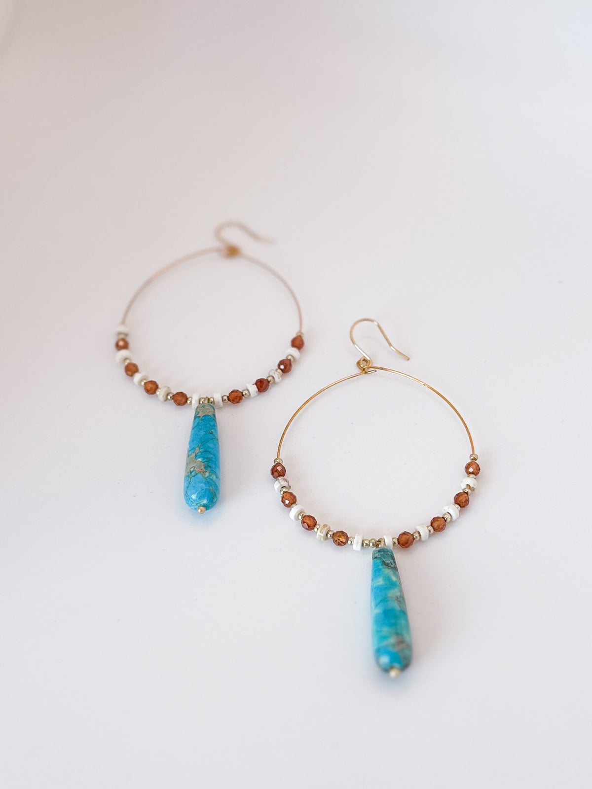 Statement Hoops with Turquoise Teardrop, Orange Garnet and White Turquoise Beads