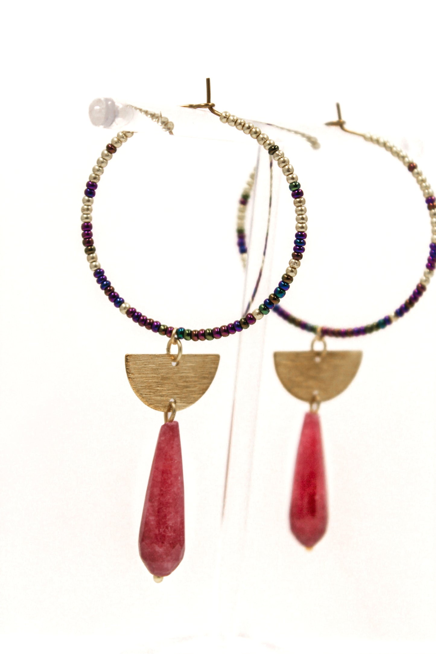 Strawberry Quartz Drop Hoops with Gold and Amethyst Seed Beads