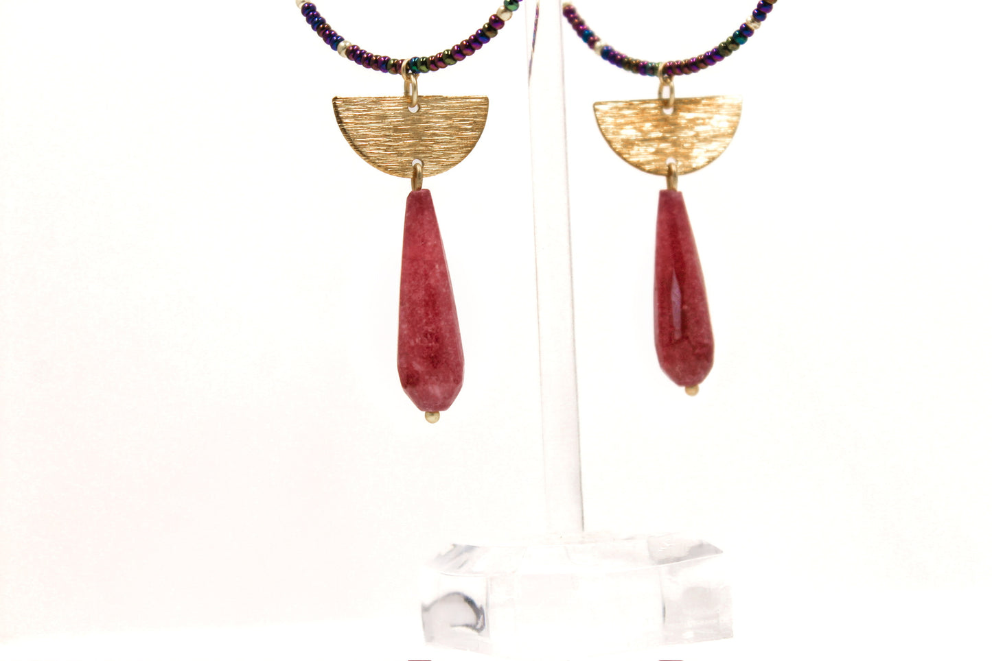 Strawberry Quartz Drop Hoops with Gold and Amethyst Seed Beads
