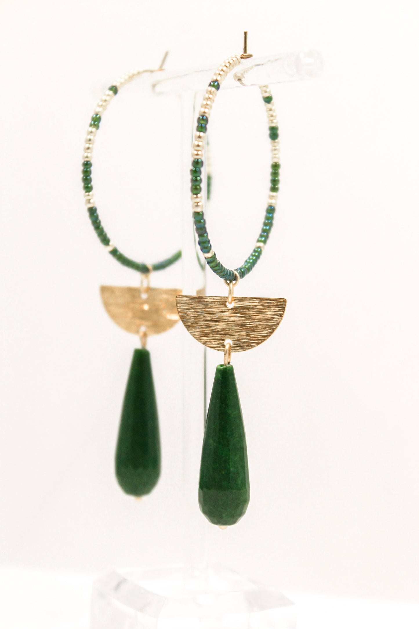 Jade Drop Hoops with Gold and Emerald Seed Beads