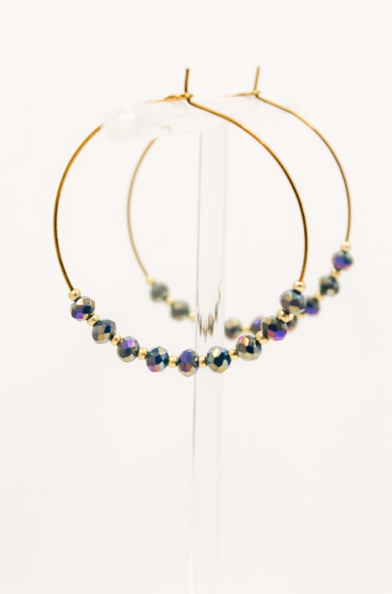 Simple Beaded Hoops in Gold and Iridescent Steel Blue