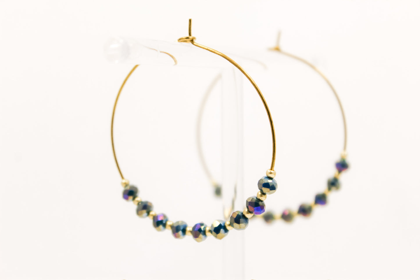 Simple Beaded Hoops in Gold and Iridescent Steel Blue