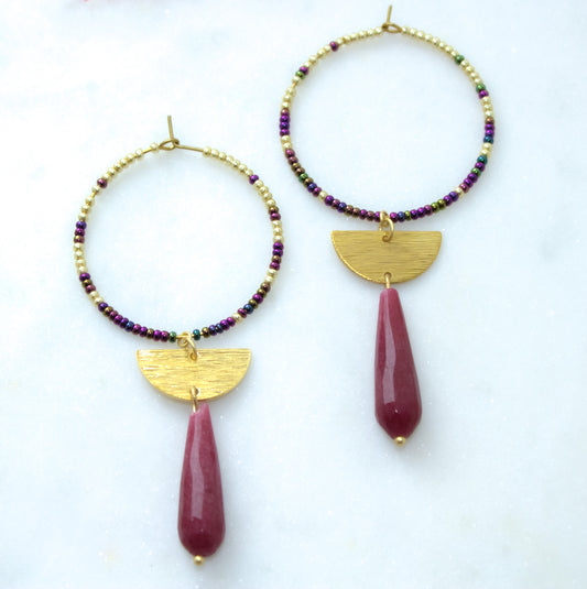 Strawberry Quartz Drop Hoops with Gold and Amethyst Seed Beads