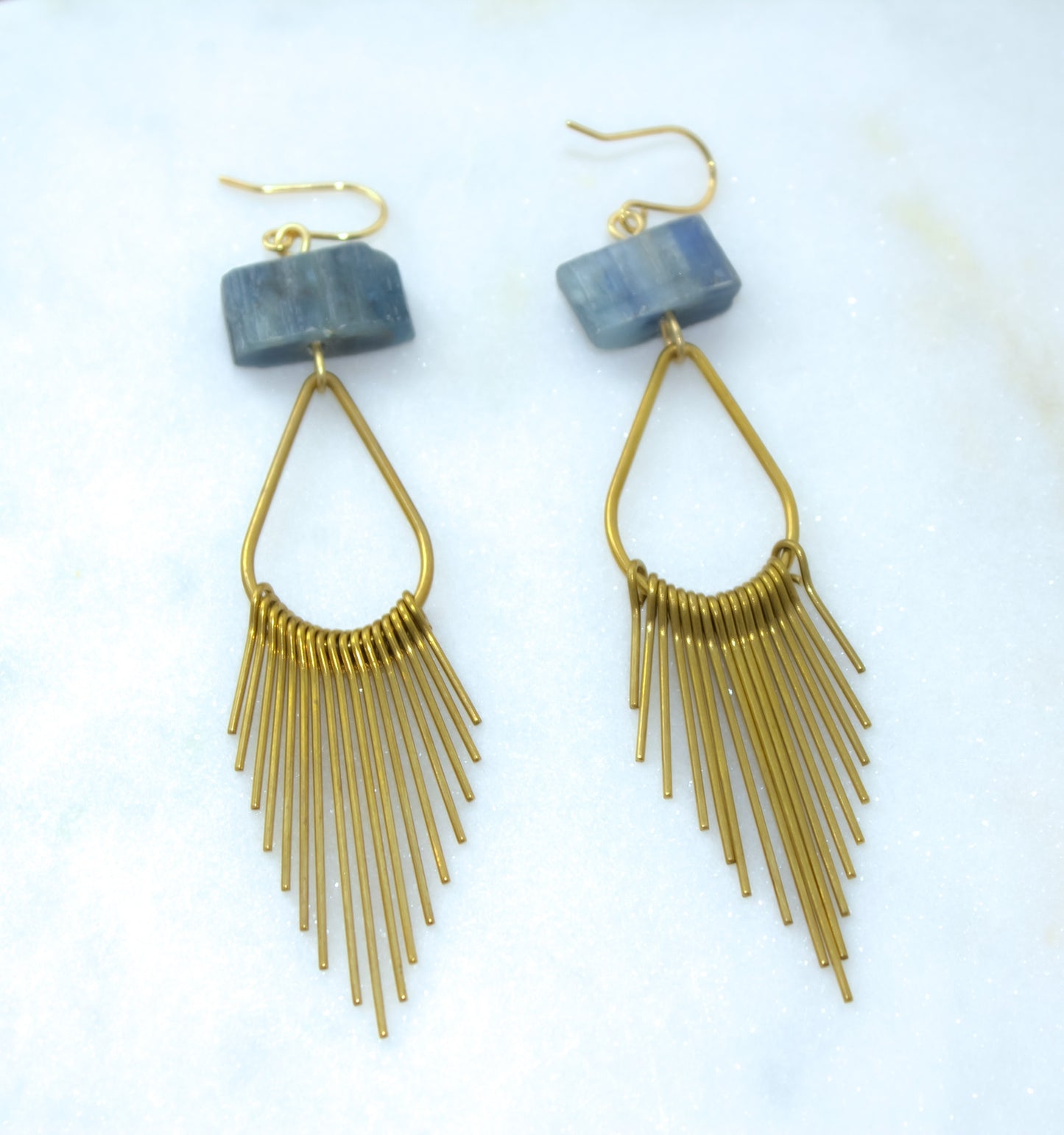 Raw Kyanite and Brass Fringe Hoops