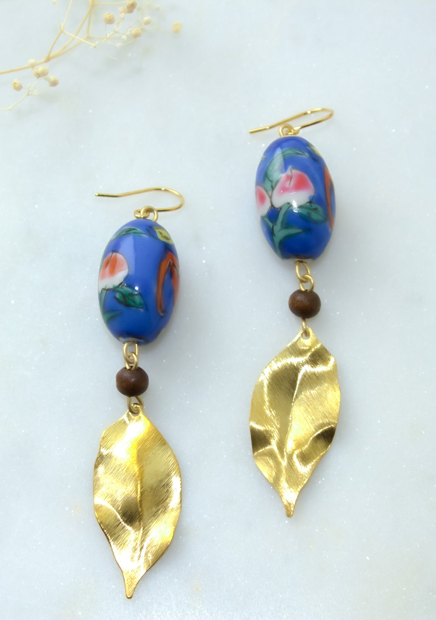 Vintage Porcelain Hand Painted Bead Earrings with Dragons and Brushed Brass Leaves