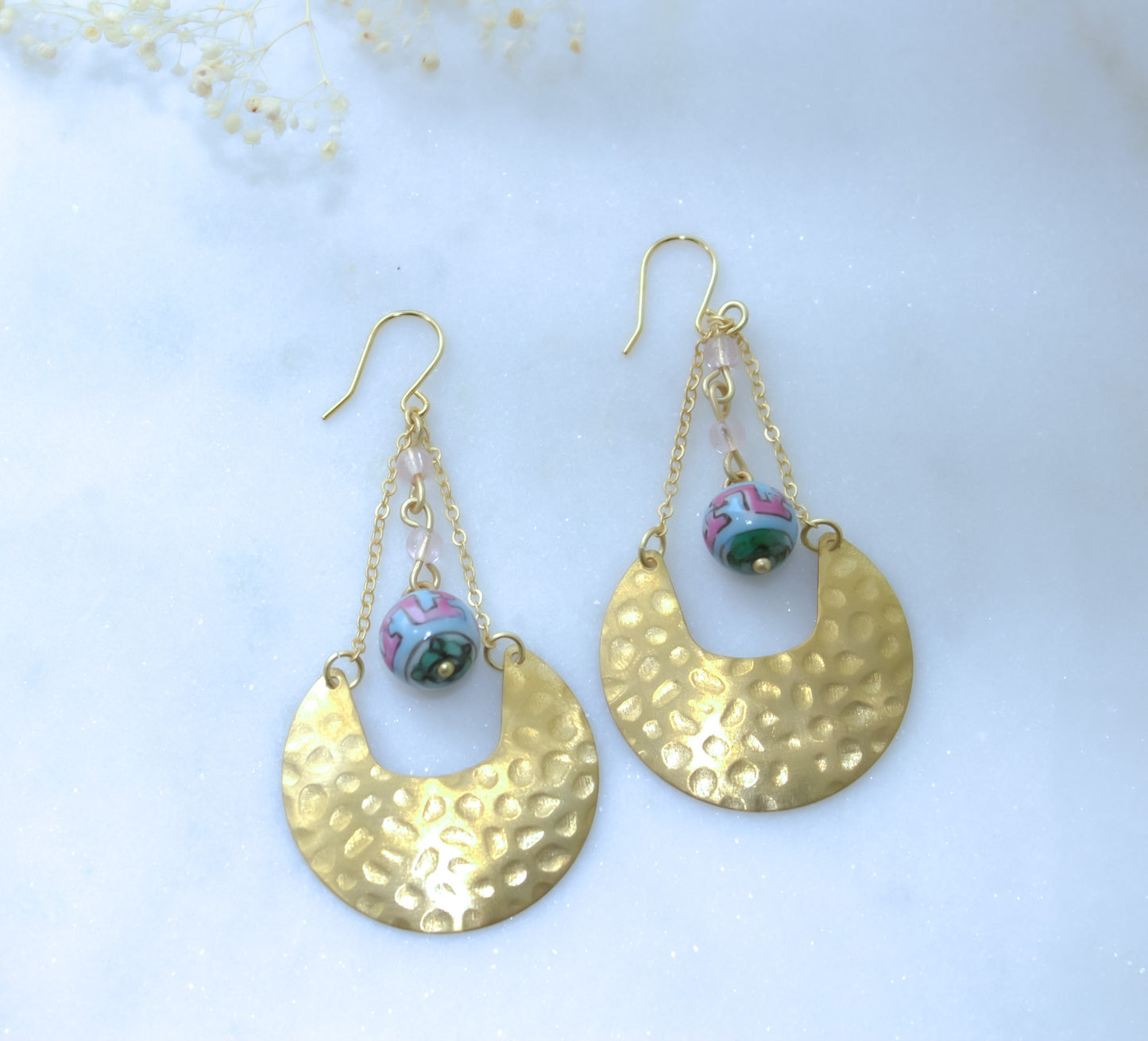Vintage Porcelain Hand Painted Pink and Blue Geometric Bead Earrings with Hammered Brass Fans