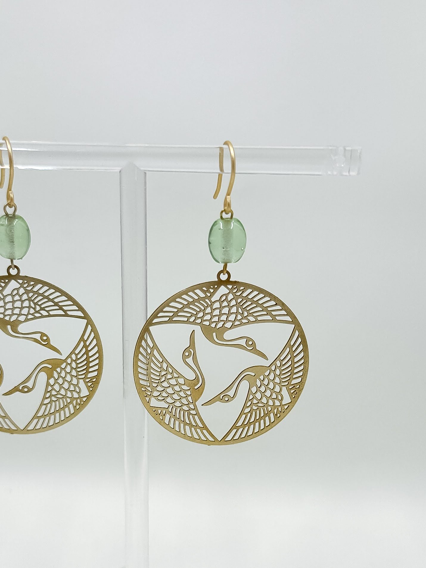 Brass Herons in Flight Earrings in Seafoam Green