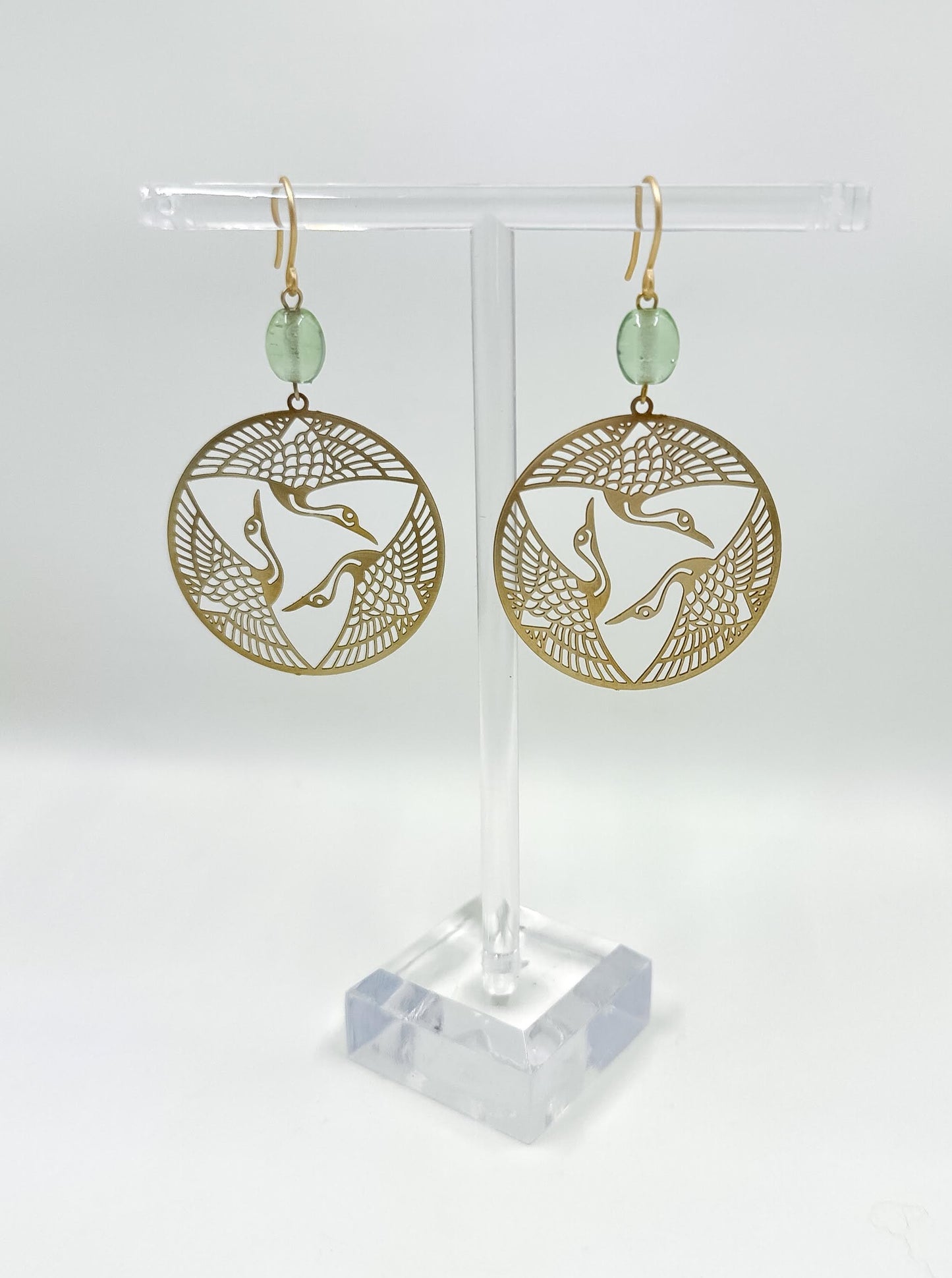 Brass Herons in Flight Earrings in Seafoam Green