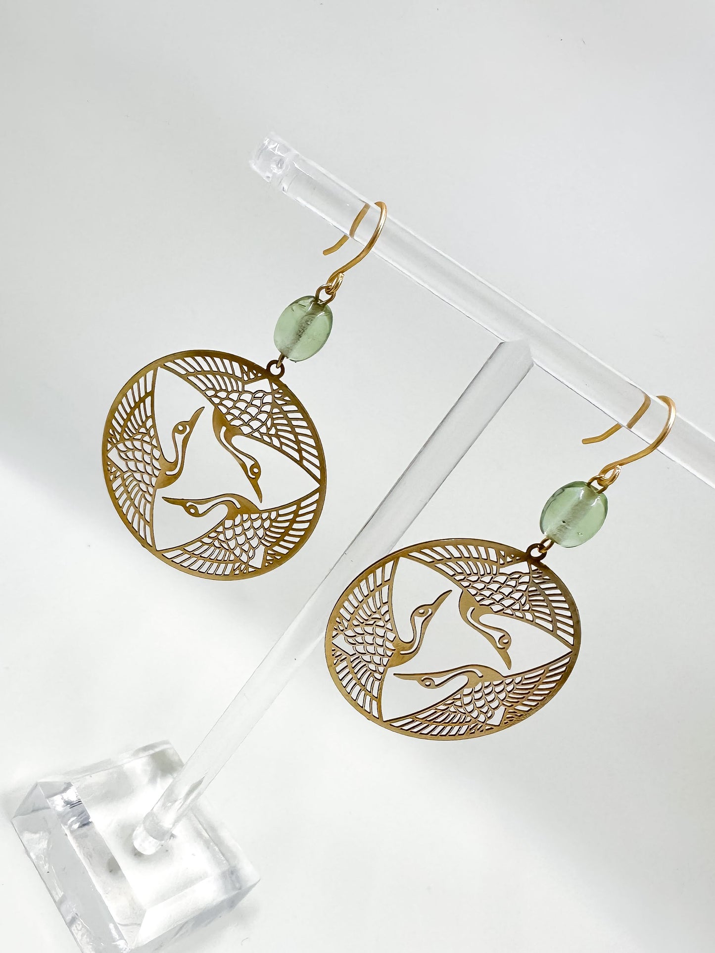 Brass Herons in Flight Earrings in Seafoam Green